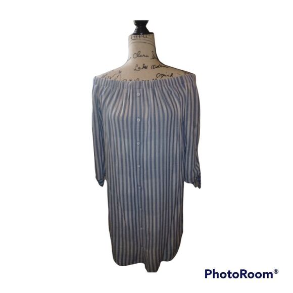ANTHRO CLOTH & STONE OFF SHOULDER BLUE/WHITE STRIPED BUTTONDOWN DRESS/TUNIC M - Picture 1 of 7
